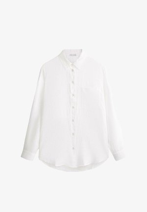 Fehér, hosszú ujjú, gombos ing gallérral és mellzsebbel, laposan kirakva fehér háttéren.