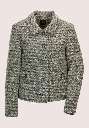 Grau und weiß strukturiertes Wollmischjacke für Damen mit fünf Knöpfen und kleinem Kragen, ausgestattet mit einem gewebten horizontalen Streifenmuster.