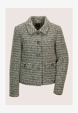 Grau und weiß strukturiertes Wollmischjacke für Damen mit fünf Knöpfen und kleinem Kragen, ausgestattet mit einem gewebten horizontalen Streifenmuster.