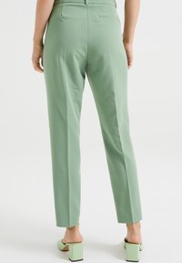 Světlé zelené vysoce kvalitní kalhoty s úzkým střihem, středním pasem, zadními kapsami a detailním nažehleným záhybem, doplněné zelenými sandály s blokovým podpatkem.