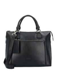 Svart läderhandväska med dubbla handtag, avtagbar axelrem, framficka med dragkedja och detaljer i silver.