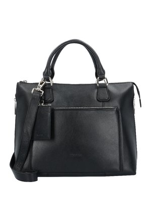 Sac à main en cuir noir avec double poignée, bandoulière détachable, poche zippée à l'avant et détails en métal argenté.