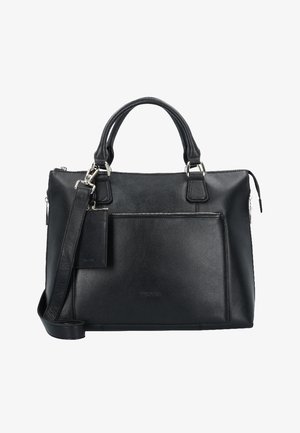 Borsa a mano nera in pelle con manici doppi, tracolla rimovibile, tasca con zip anteriore e dettagli in metallo argentato.