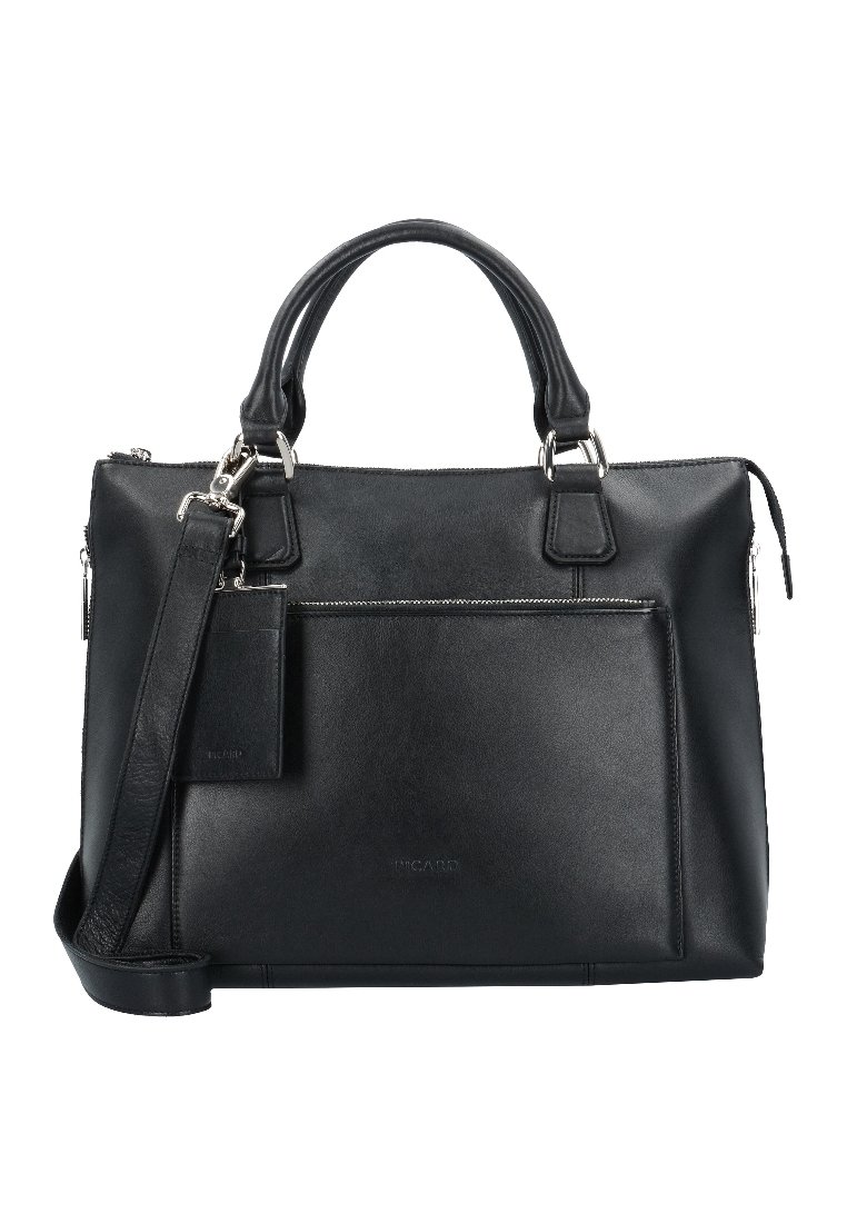 Svart läderhandväska med dubbla handtag, avtagbar axelrem, framficka med dragkedja och detaljer i silver.