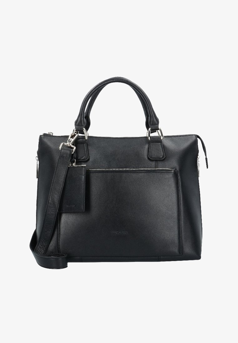Musta nahkakäekott topeltkäepidemetega, eemaldatava õlarihmaga, esipoolse lukuga tasku ja hõbedast detailidega.