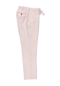 Hellblaue, taillierte Hosen mit glatter Textur, Vorder- und Hintertaschen und einem einzelnen Knopfdetail an der Taille.