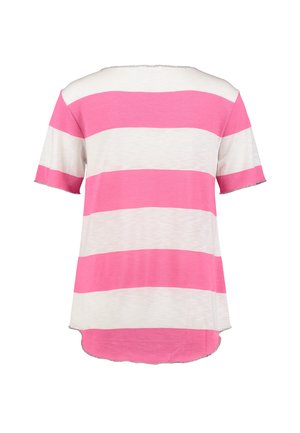Camicia a maniche corte con ampie strisce orizzontali rosa e bianche, orlo arrotondato e bordi delle maniche e del girocollo con rifinitura argento.