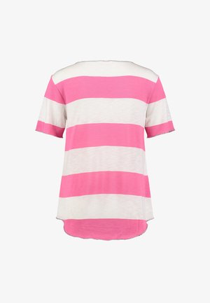 Camicia a maniche corte con ampie strisce orizzontali rosa e bianche, orlo arrotondato e bordi delle maniche e del girocollo con rifinitura argento.