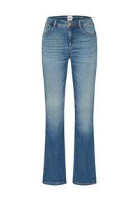 Jeans a zampa d'elefante in denim sbiadito con vita media, caratterizzati da dettagli cuciti e un classico design a cinque tasche.