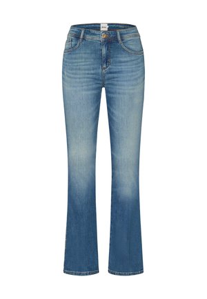 Flairede blå jeans i falmet denim med mellemhøj talje, der har syede detaljer og et klassisk fem-lomme design.