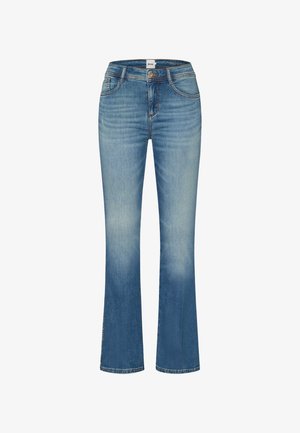 Flared Jeans in verblichenem Denim mit mittlerer Taille, verziert mit gestickten Akzenten und klassischem Fünf-Taschen-Design.