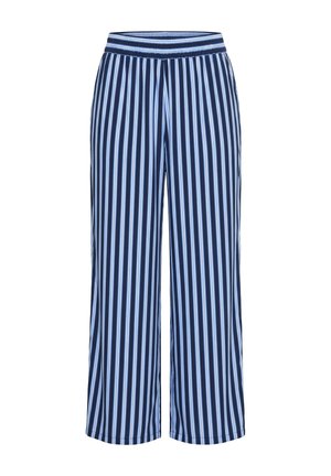 Marineblaue, weit geschnittene Hose mit vertikalen hellblauen und weißen Streifen und einem elastischen Bund.