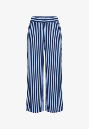 Marineblaue, weit geschnittene Hose mit vertikalen hellblauen und weißen Streifen und einem elastischen Bund.