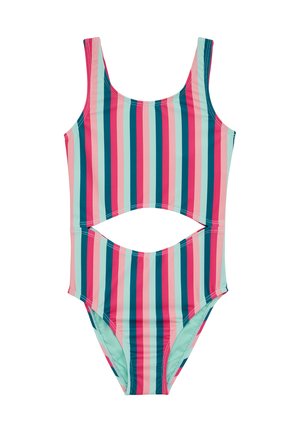Costum de baie întreg cu dungi verticale în roz, teal și bleumarin. Materialul este neted și are un decupaj în zona taliei.