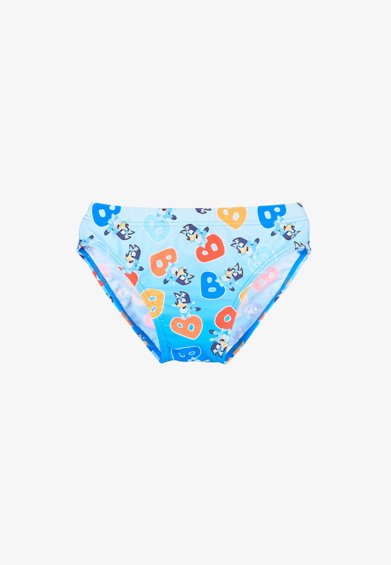 Culotte da nuoto blu realizzate in tessuto morbido, caratterizzate da vivaci motivi a cartoni animati di cani e grandi lettere con accenti arancioni, blu e rossi.