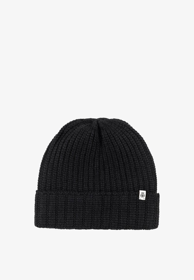Black knitted beanie with folded cuff and small white rectangular logo tag on the edge.
