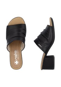 Black leather slide sandals with a ruched design and a block heel. Features a cushioned insole and a smooth outer texture, labeled "Antistress."