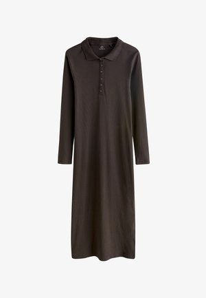 Vestido polo de manga larga en marrón oscuro con cinco botones y cuello, hecho de tela acanalada, hasta la rodilla.