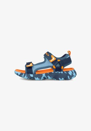 Sandalia abierta para niños en malla azul con detalles en naranja, correas ajustables y suela acolchada con diseño.