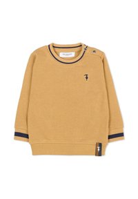 Felpa gialla senape con collo a coste, strisce blu navy sui polsini e un piccolo dettaglio con logo. Presenta bottoni a pressione sulla spalla.