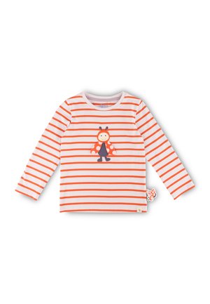 Langärmliges Baumwollhemd mit weißen und orangen Streifen. Zentrale Applikation eines Marienkäfer-Maskottchens. Kleines Etikett mit einem Marienkäfer an der Seite.
