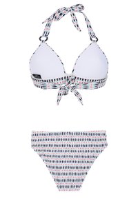 Bikini set sadrži trokutasti halter-top s uzorkom u ružičastoj, plavoj i bijeloj boji, te odgovarajuće donje dijelove bikini s uzorkom.