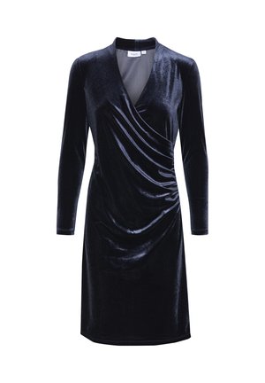 Velvet wrap dress in dark navy, featuring a V-neckline, long sleeves, and gathered detailing at the waist for added texture.