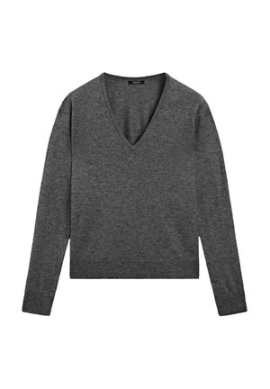 Pull gris à manches longues avec décolleté en V, fabriqué en doux tissu tricoté. Présente des poignets côtelés et une taille légèrement cropped.