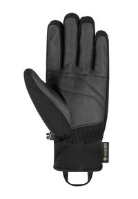 Black gloves with leather palm and softshell material. Features elastic cuff, GORE-TEX tag, and five-finger design for flexibility.