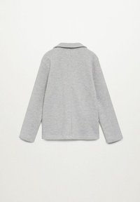 Ljusgrå, långärmad stickad jacka med en bred krage, sedd bakifrån mot en enkel vit bakgrund.