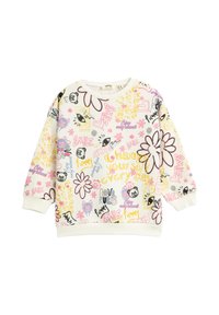 Sudadera blanca con diseños de estilo graffiti coloridos, que incluyen flores, ojos y elementos de texto en rosa, amarillo y negro.