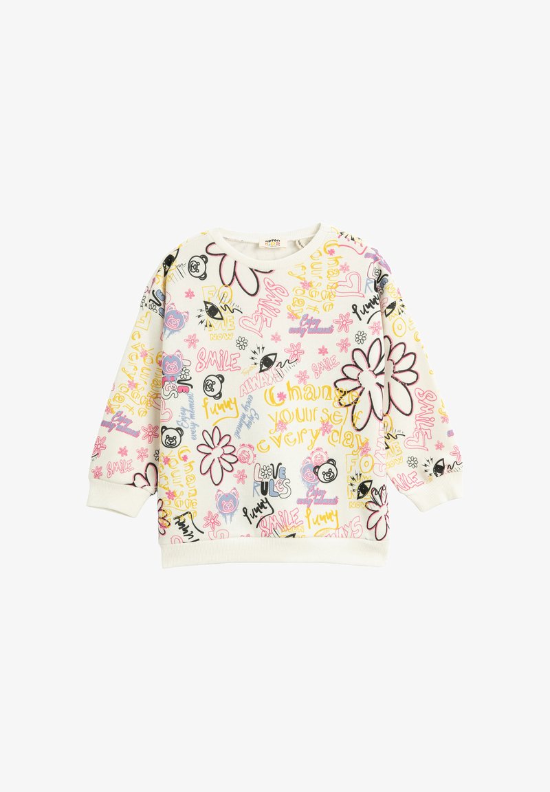Witte sweatshirt met kleurrijke graffiti-achtige ontwerpen, waaronder bloemen, ogen en tekst elementen in roze, geel en zwart.
