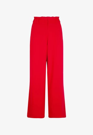 Pantaloni larghi rossi con una vita alta e elastica. Tessuto liscio, senza motivi o hardware visibili, design piatto davanti e dietro.