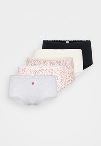 Pet zbogova ženskih hipster gaćica u raznim bojama: siva s crvenim srcem, bijela, ružičasta s crvenim srcima i crna. Mekana mješavina pamuka.