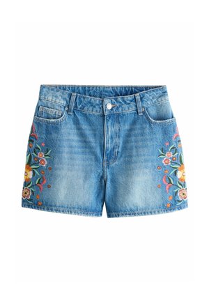 Denim šorti ar izšūtām ziedu motīvu krāsainā dizainā abās pusēs, ar vidēja augstuma vidukli un klasisku piecu kabatu stilu.