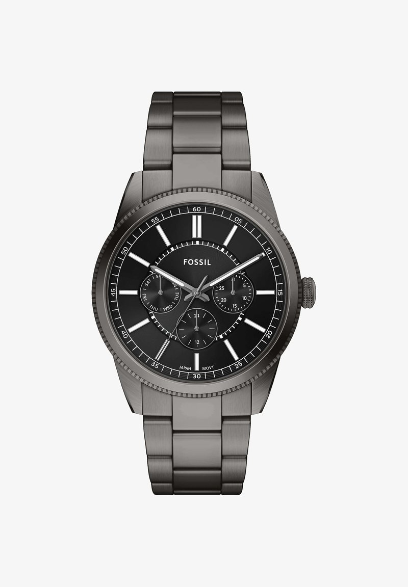 Men's Fossil stainless steel wristwatch with black dial, three subdials for day, date, and 24-hour time, and silver-tone markers and hands.