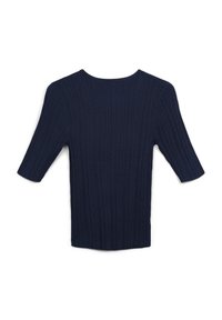 Top in maglina a coste di colore blu navy, con scollo rotondo e maniche corte, caratterizzato da un motivo testurizzato e un taglio dritto all'orlo.