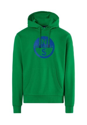 Felpa verde in cotone con tasca frontale a marsupio, cappuccio con cordino regolabile e una grafica circolare blu con "N S" e "NORTH BULLS."