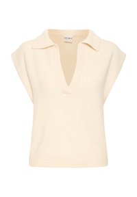 Pull en tricot couleur crème, manches courtes, col en V avec col, ourlet côtelé, texture lisse, tissu léger.