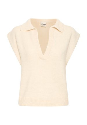 Kremowy, dzianinowy sweter, krótkie rękawy, dekolt w serek z kołnierzykiem, ściągacz na dolnym brzegu, gładka tekstura, lekki materiał.