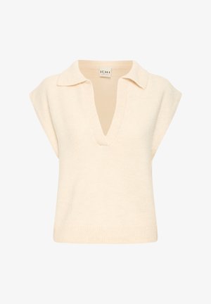 Kreemivärvi kudum, lühikeste varrukatega, V-kaelusega krae, ribaga äär ja sile tekstuur, kerge kangas.