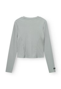 Light grey long-sleeve crop top with a rounded neckline, featuring side seam detailing and a small black brand tag at the hem.