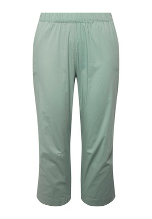 Jasnozielone spodnie 3/4 wykonane z gładkiego, lekkiego materiału. Posiadają elastyczny pas oraz prosty krój bez widocznych kieszeni.