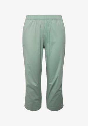 Pantalons cropped vert clair en tissu lisse et léger. Dotés d'une taille élastique et d'une coupe simple sans poches visibles.