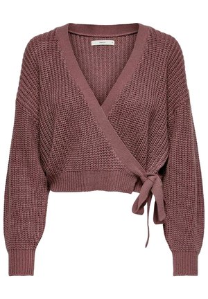 Pull court en maille style cache-cœur couleur mauve poussiéreuse avec manches ballon, poignets côtelés et fermeture à nouer sur le côté.