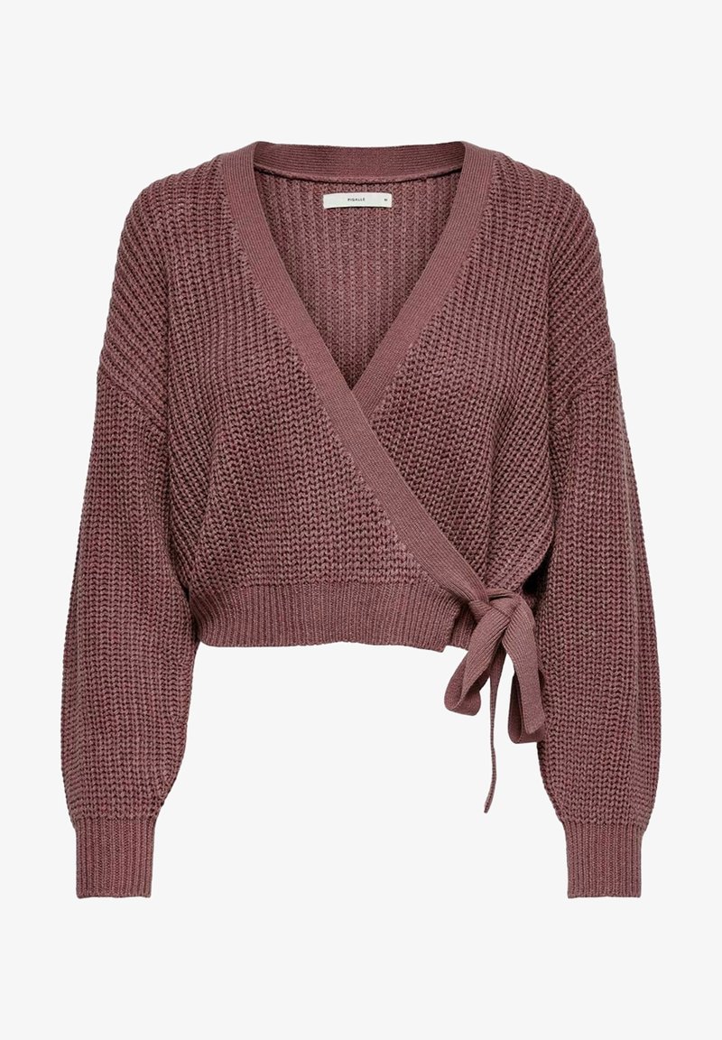 Pull court en maille style cache-cœur couleur mauve poussiéreuse avec manches ballon, poignets côtelés et fermeture à nouer sur le côté.