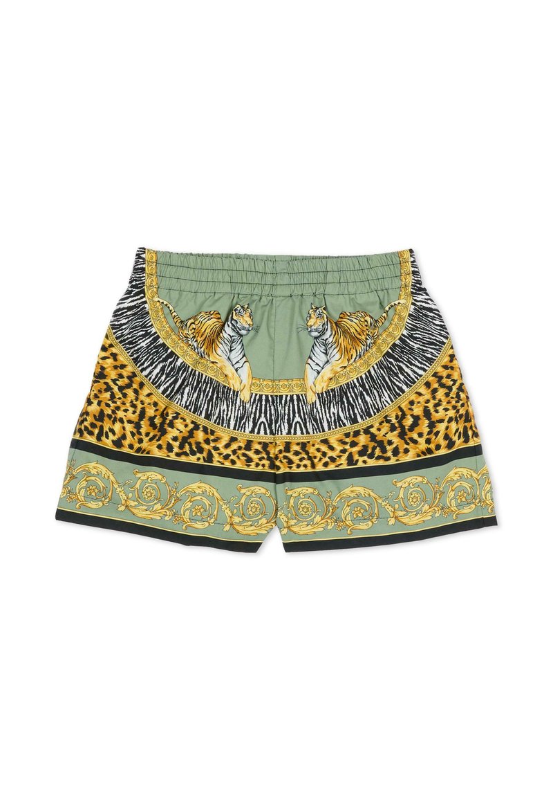 Zielone szorty z motywem tygrysa i zebry, ozdobione wzorem lamparta i złotymi akcentami na pasie i krawędziach.