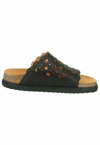 Schwarze Ledersandale mit durchbrochenem Design und gewelltem Rand. Korkfußbett auf Gummisohle. Offene Zehen und im Slip-on-Stil.