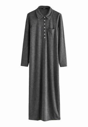 Langes, graues Kleid aus strukturiertem Stoff mit Kragen, einer fünfknöpfigen Knopfleiste und einer Brusttasche. Verfügt über lange Ärmel und eine gerade Silhouette.