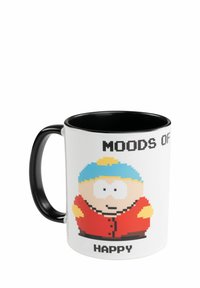 tazza di ceramica con manico nero, esterno bianco, arte a pixel di un personaggio e testo "UMORI DI FELICITÀ" in grassetto, font nero.